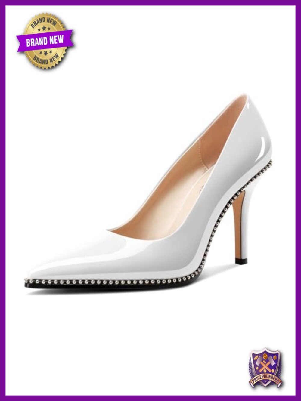 Stiletto Mid Heel Pointed Toe Pumps Sliver Beaded Prom Wedding Patent Leather